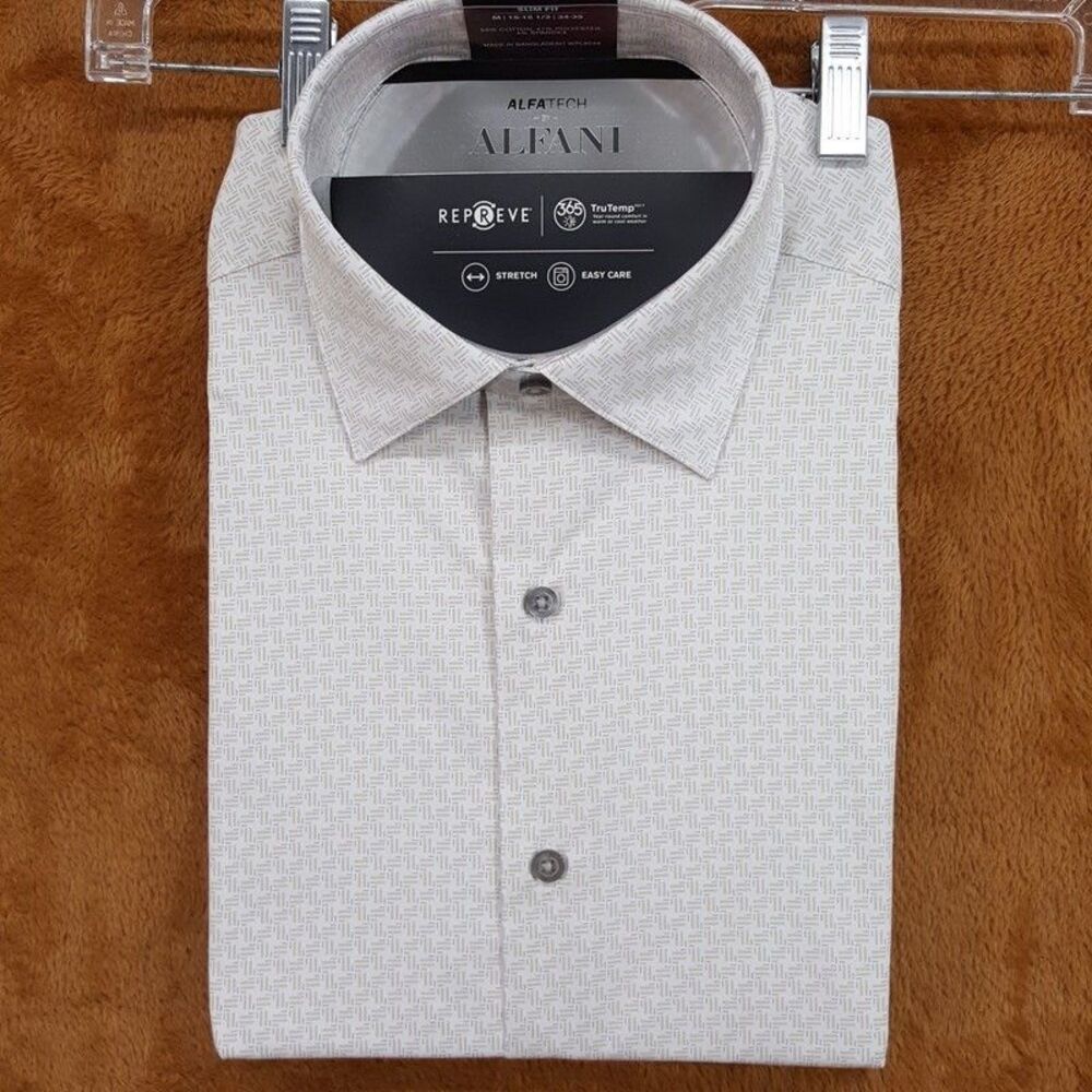 ALFANI Dress Shirt Mens Size 15 15.5 34 35 Tan White Geo Slim Alfatech Stretch